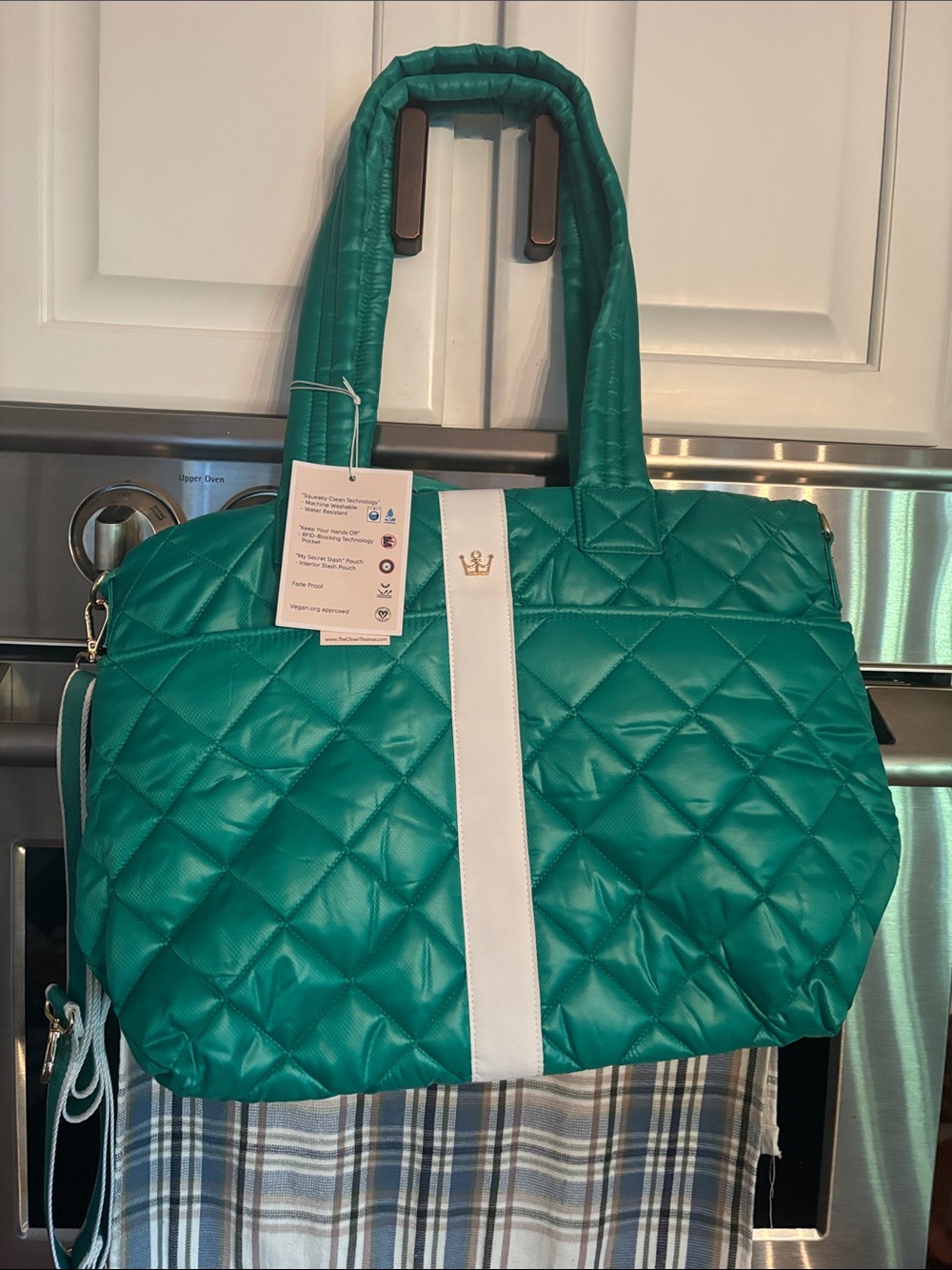 Oliver Thomas Quilted Tote in Teal with White Stripe